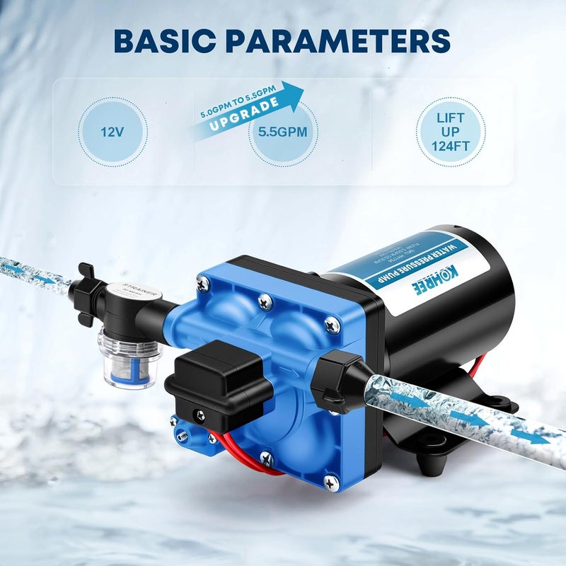 Kohree مضخة مياه RV 5.5GPM 55PSI 12V DC مضخة مياه غشاء مع مفتاح ضغط لـ RV، البحرية، اليخوت، الكرفانات. - Image 2